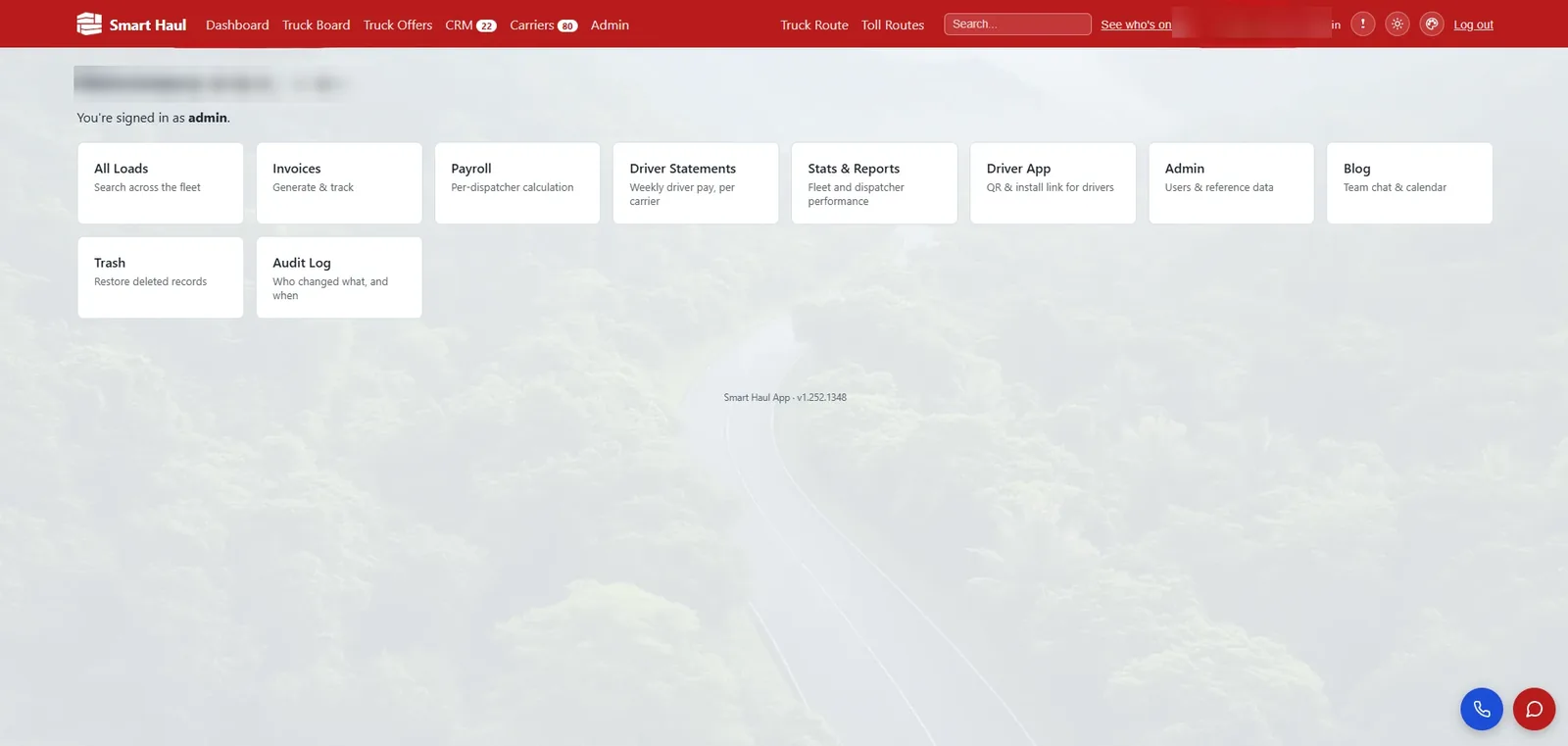 The dashboard after signing in, with tiles for loads, invoices, payroll, driver statements, reports, the driver app and the audit log.