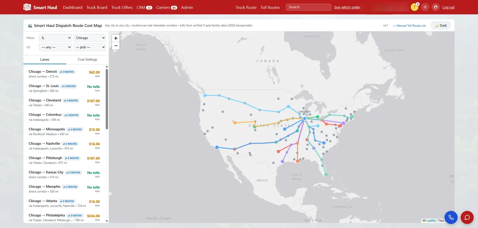 The route cost map: lanes out of Chicago listed with distance and the toll cost for a five-axle truck on each.